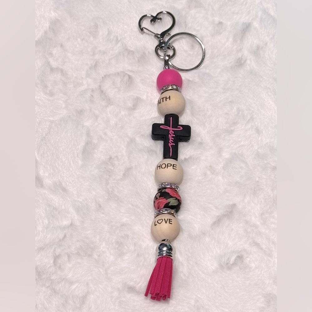 Pink & black Inspirational “Jesus” beaded keychain or bag charm Faith hope love